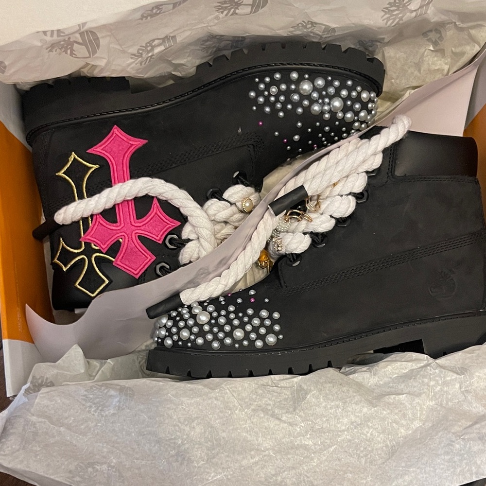 Timberland Black Boots with Pink and White Details